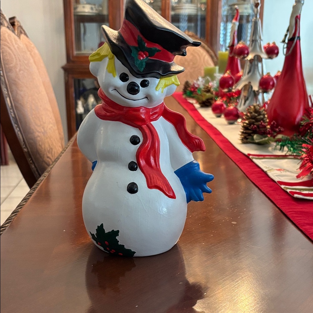 Vintage Festive Snowman Figurine with Red Scarf and Blue Mittens